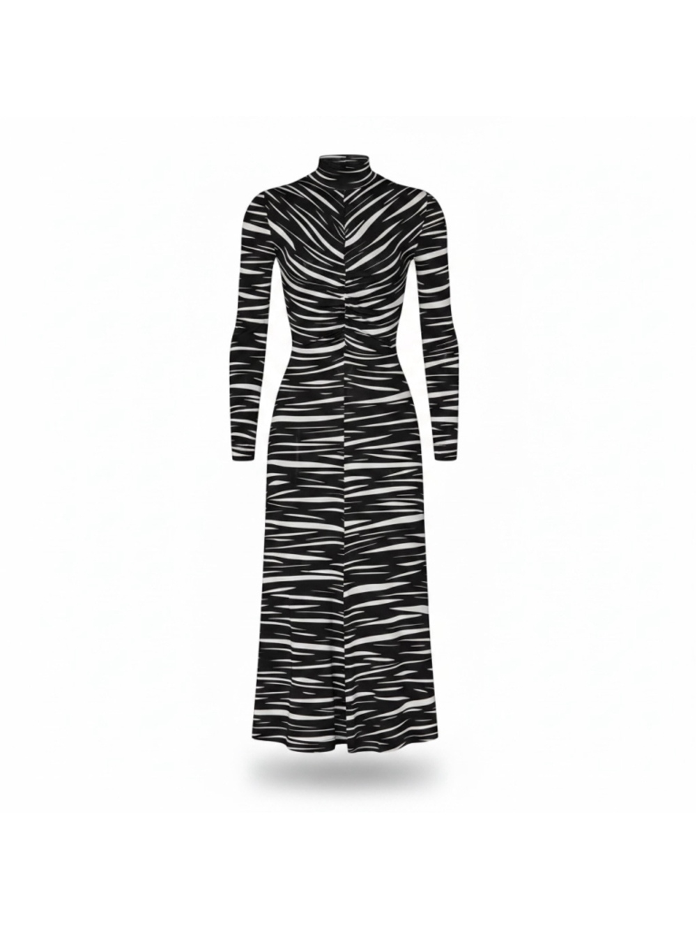 Stine Goya Asher Ruched Zebra Print Jersey Long Sleeve Midi Dress Black Cream Sm